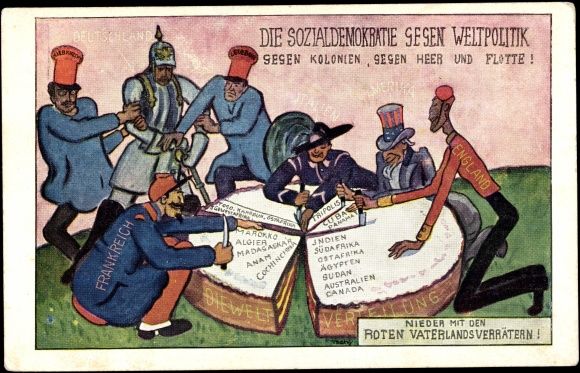 Reactionary political cartoon. Reads: “Social-Democracy is against world politics; against colonies, against the army and navy!”